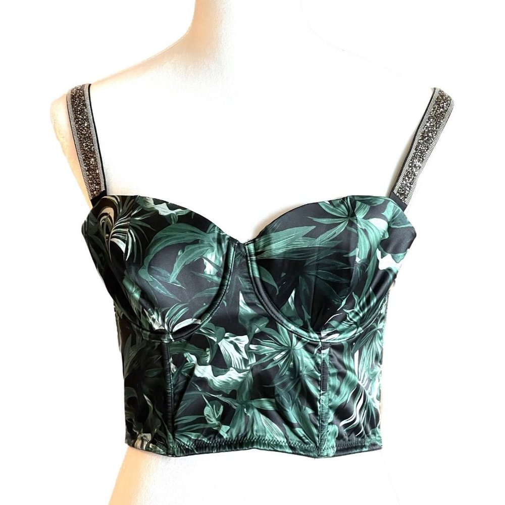 Victoria’s Secret Very Sexy Corset 36C, Green Black Leaf Print, Rhinestones